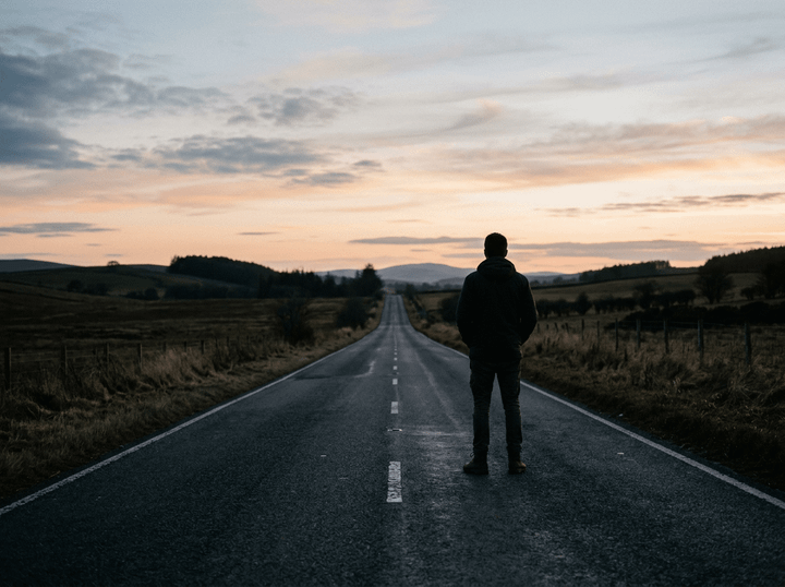Person standing on empty road facing sunset in rural landscape