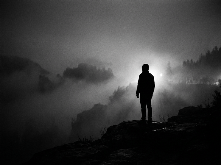Silhouette of a person standing on a rocky cliff with dense fog and bright light in the background