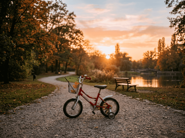 Small red child's bike with training wheels on gravel path in park at sunset