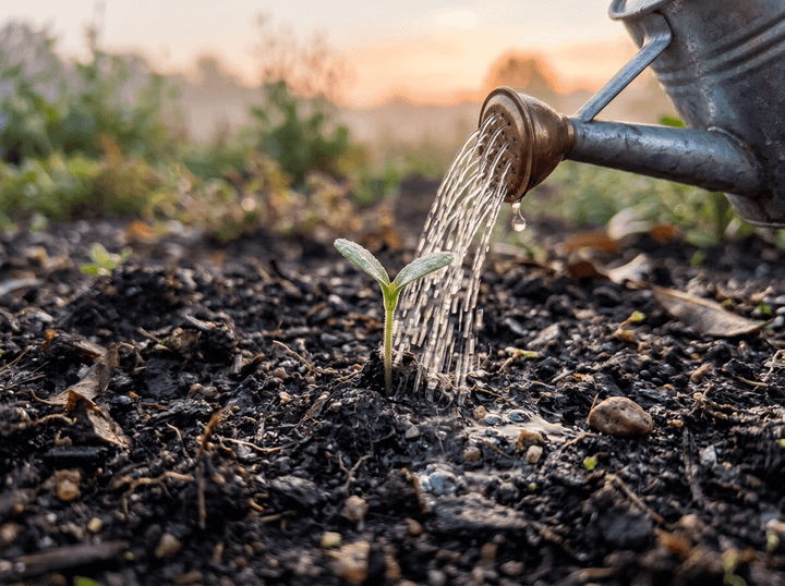 Small plant seedling growing from dark soil with sunrise in background