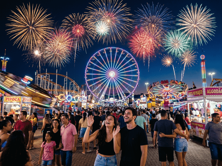 Crowd enjoying a colorful night carnival with fireworks and illuminated rides