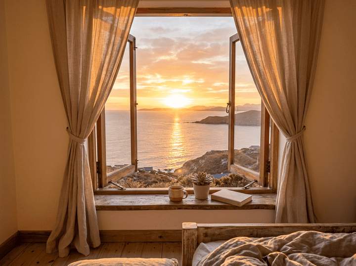 Open bedroom window showing sunrise over ocean with mug, plant, and book on sill