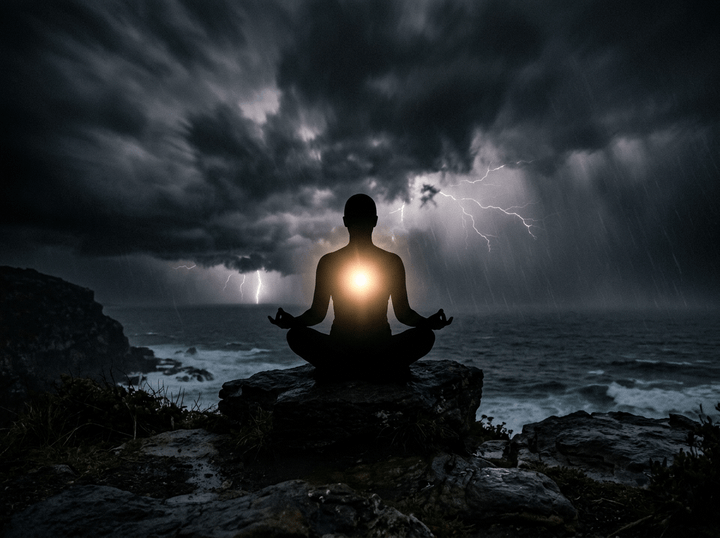 Silhouette of a person meditating near ocean with storm clouds, lightning, and glowing chest light