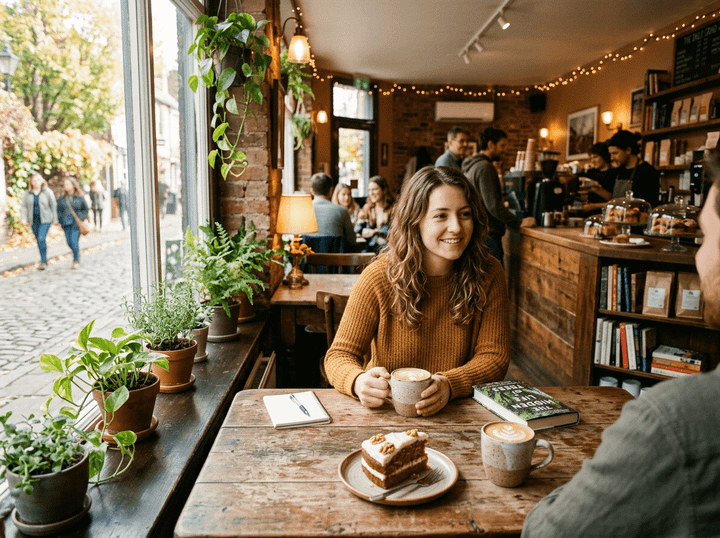 Two people sitting at a wooden table in a cozy café with plants on the windowsill and cake and coffee cups in front of them