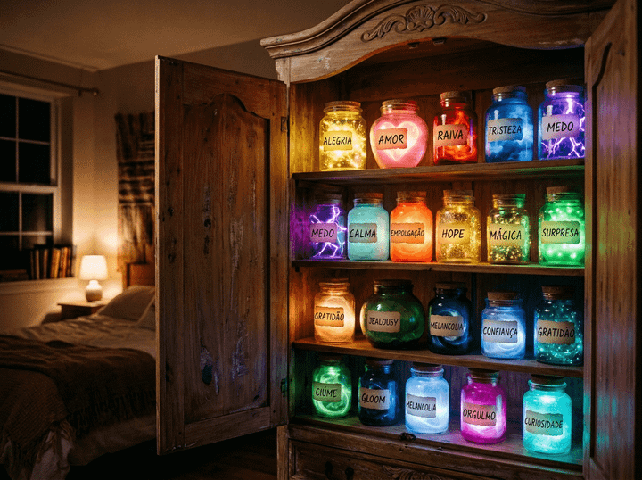 Wooden cabinet with glowing jars labeled joy, love, anger, sadness, fear, calm, excitement, hope, magic, surprise, gratitude,