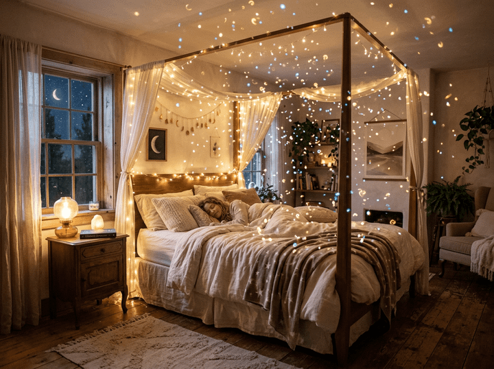 Cozy bedroom with canopy bed, string lights, and person sleeping