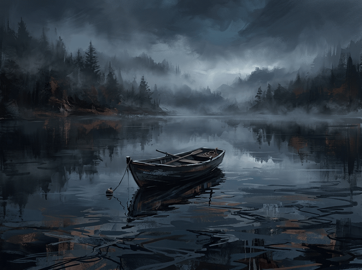 Empty rowboat floating on a misty forest lake