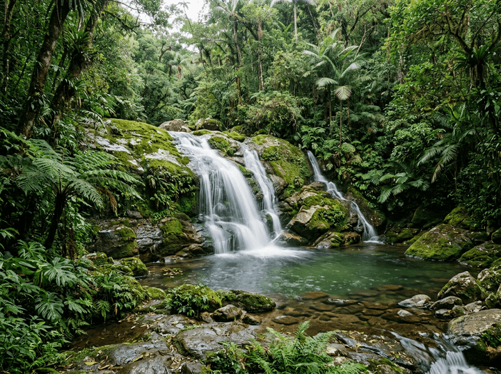 Waterfall cascading over mossy rocks into a rainforest pool