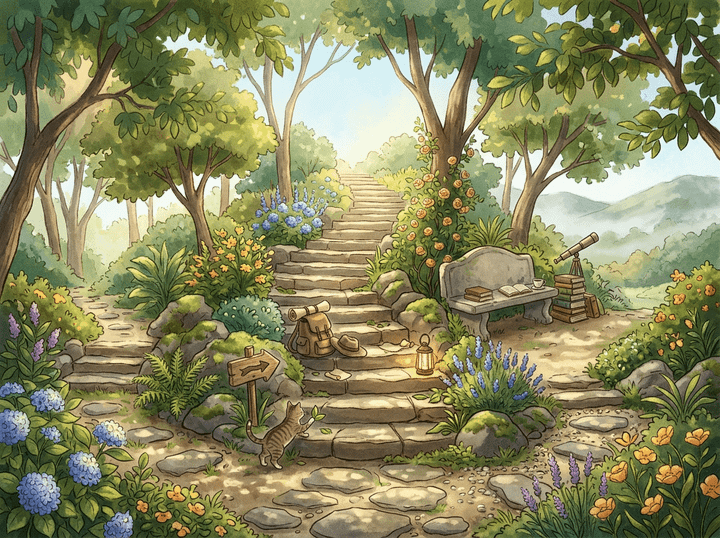 Stone garden path with flowers, bench, books, telescope, and cat