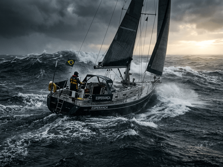 Barco atravessando tempestade no mar