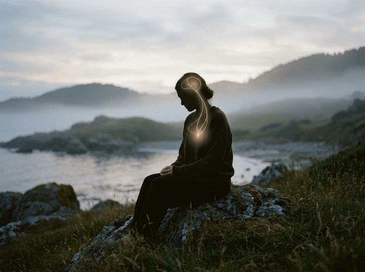 Silhouette meditating on coastal rocks with a glowing line through the body