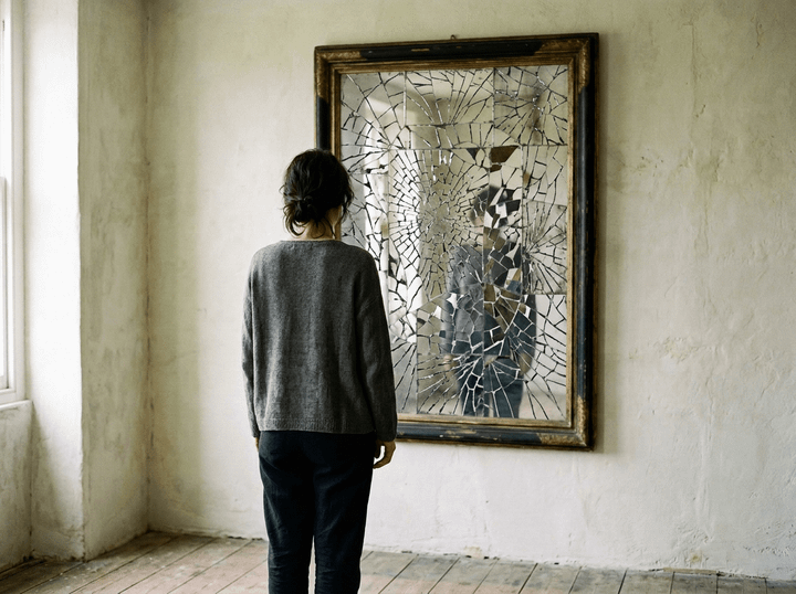Person facing a large cracked mirror in a weathered room