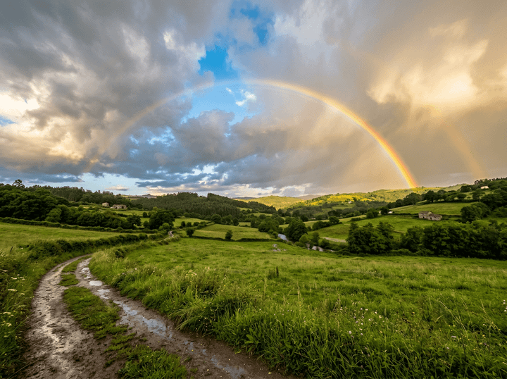 Rainbow spanning storm clouds above green countryside with a muddy path