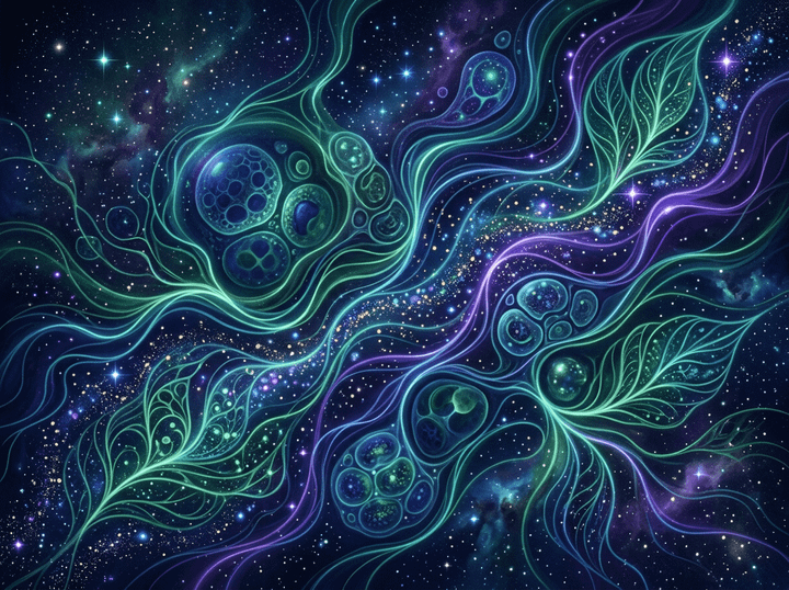 Glowing botanical forms and cellular shapes against a star-filled cosmic background