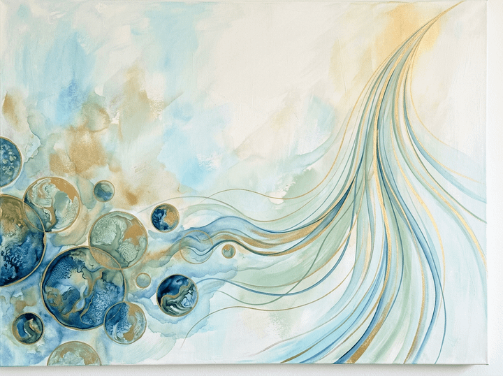 Abstract watercolor artwork with blue-green bubbles and flowing gold lines