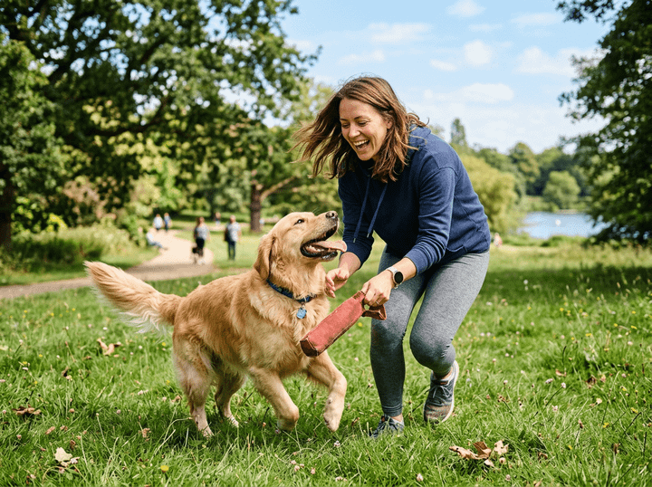 Woman playing fetch with a golden retriever in a park