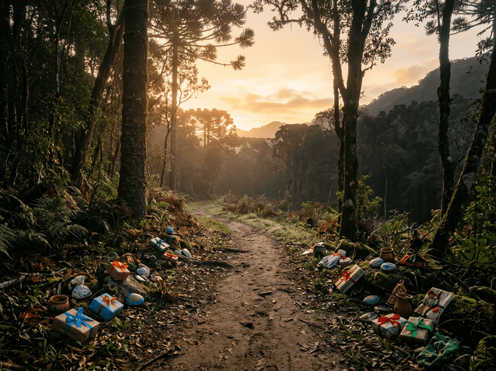 Forest trail lined with colorful wrapped gifts at sunset