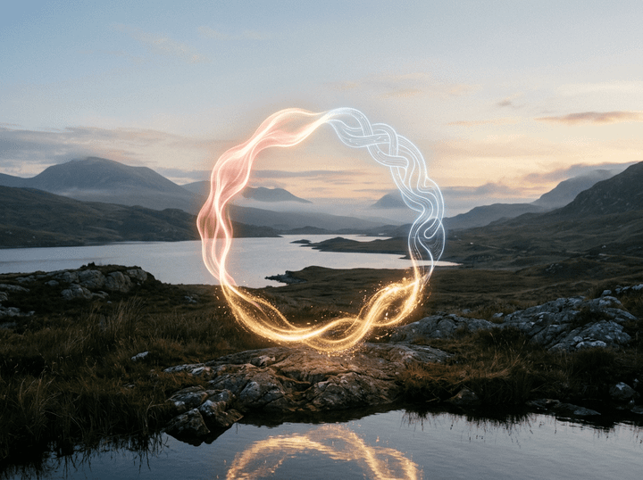 Glowing ring of light hovering above a mountain lake at sunset