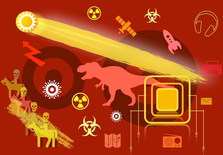 The illustration in warm colours illustrates the 4 horseman of the apocalypse, a dynosaur, a virus, a comet and thunder running away from AI