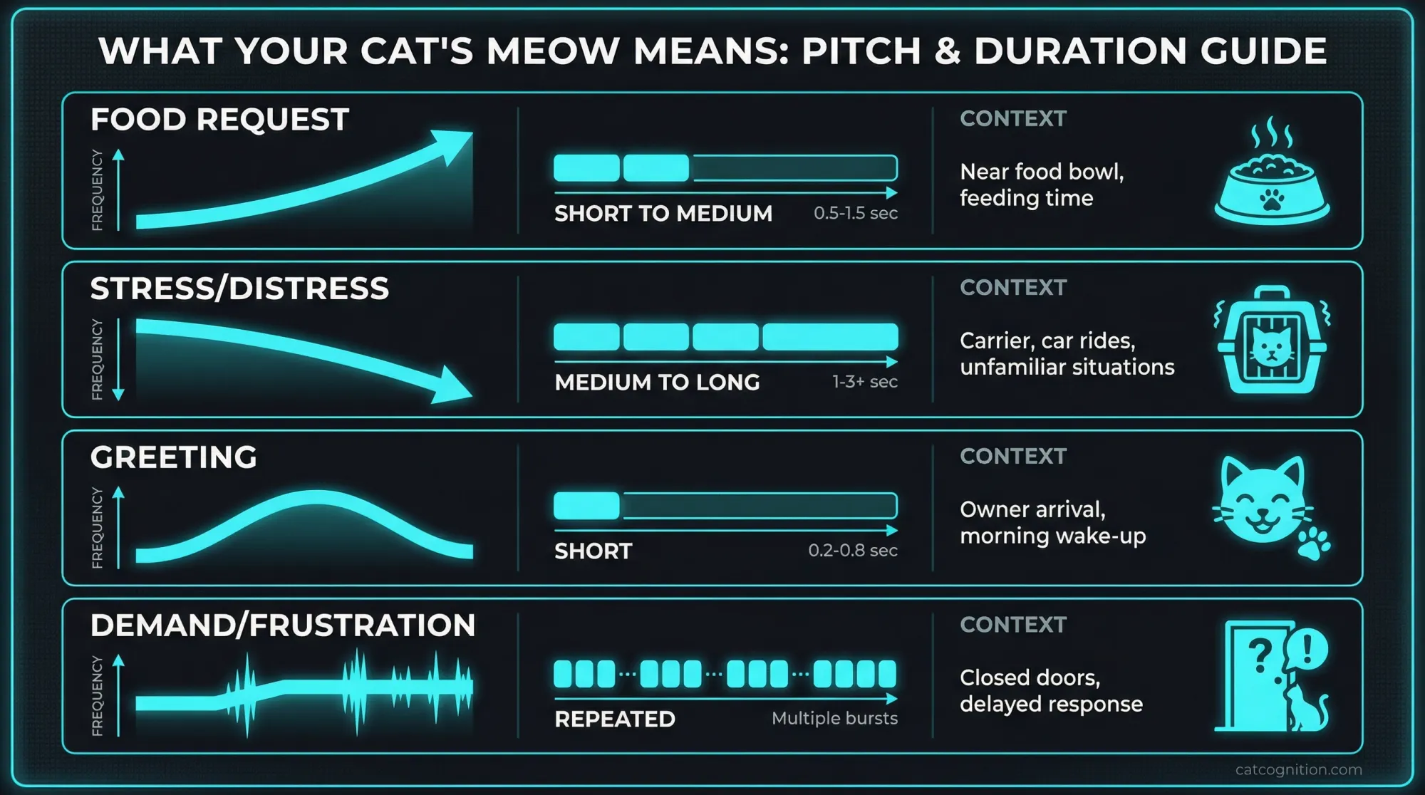 A visual reference guide showing four types of cat meows with their characteristic pitch patterns: food request meows have rising pitch, stress meows have falling pitch, greeting meows rise then fall, and demand meows are flat or rising with repetition. Each type includes duration indicators and typical contexts.
