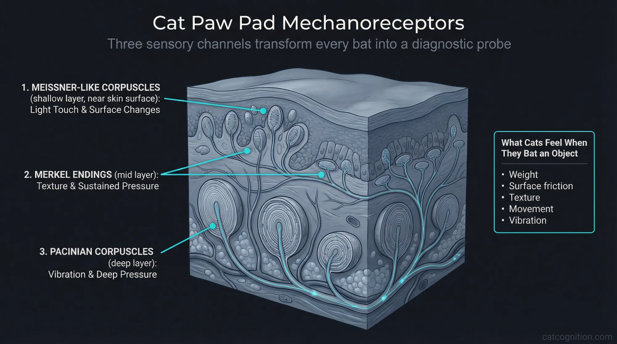 Anatomical cross-section of cat paw pad showing Pacinian, Merkel, and Meissner-like mechanoreceptors