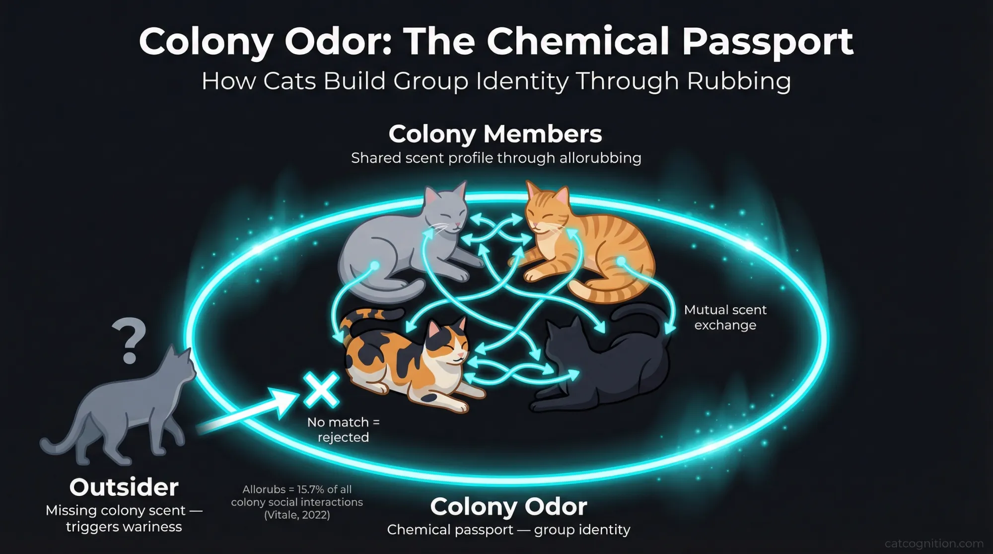 Conceptual illustration showing how free-ranging cats create a shared colony odor through allorubbing. Four colony member cats are arranged in a circle connected by scent exchange lines, surrounded by a glowing ring representing the chemical passport of group identity. An outsider cat without the colony scent is shown rejected at the periphery. Includes the statistic that allorubbing accounts for 15.7% of all social interactions in cat colonies.