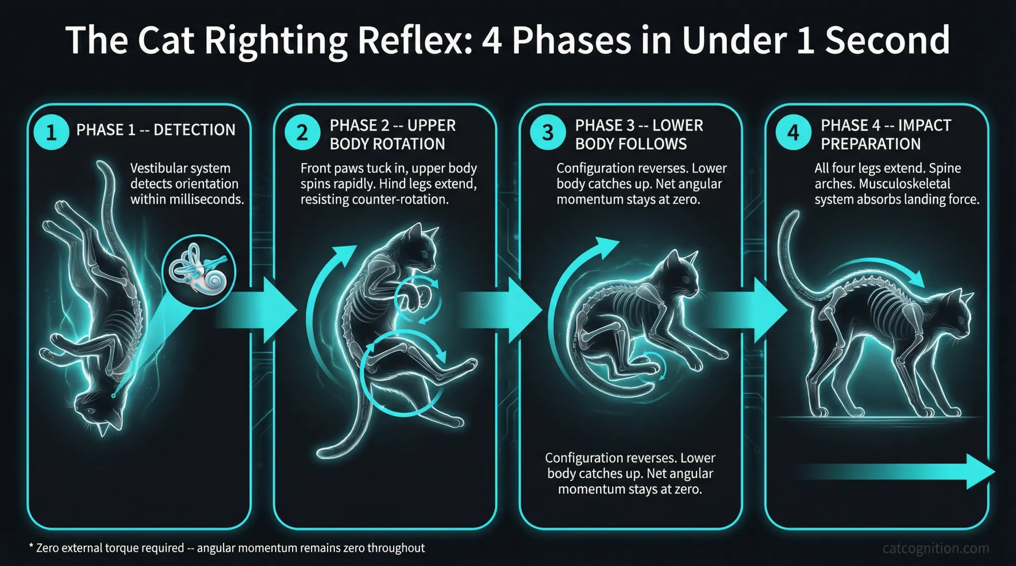 Four-phase cat aerial righting reflex sequence diagram