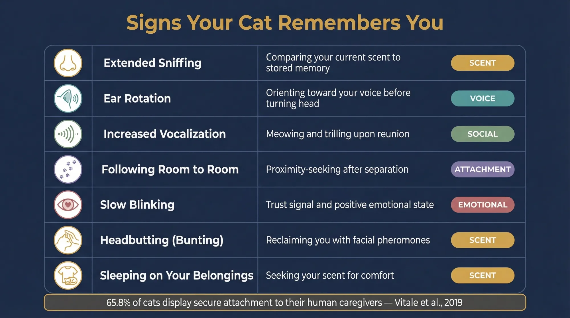 Visual checklist of seven behavioral signs that indicate a cat recognizes a specific person, mapped to memory channels: scent, voice, social, attachment, and emotional