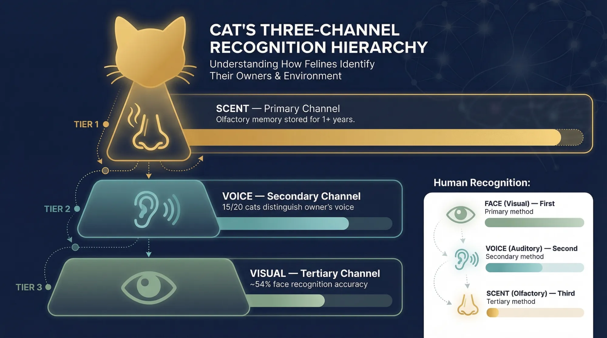 Infographic showing how cats identify their owners through a three-tier sensory hierarchy: scent (primary), voice (secondary), and visual appearance (tertiary)