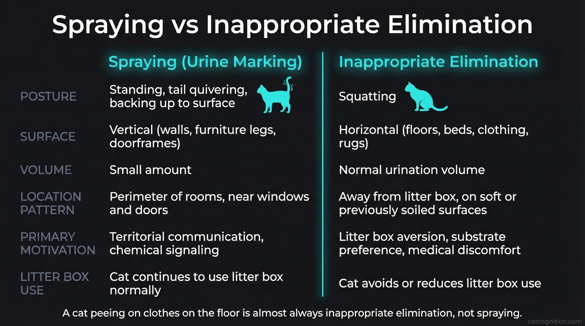 A side-by-side comparison infographic showing the six key diagnostic differences between urine spraying and inappropriate elimination in cats: posture, surface type, volume, location pattern, primary motivation, and litter box usage. Based on Heath (2019) and Horwitz (2019) clinical classification.