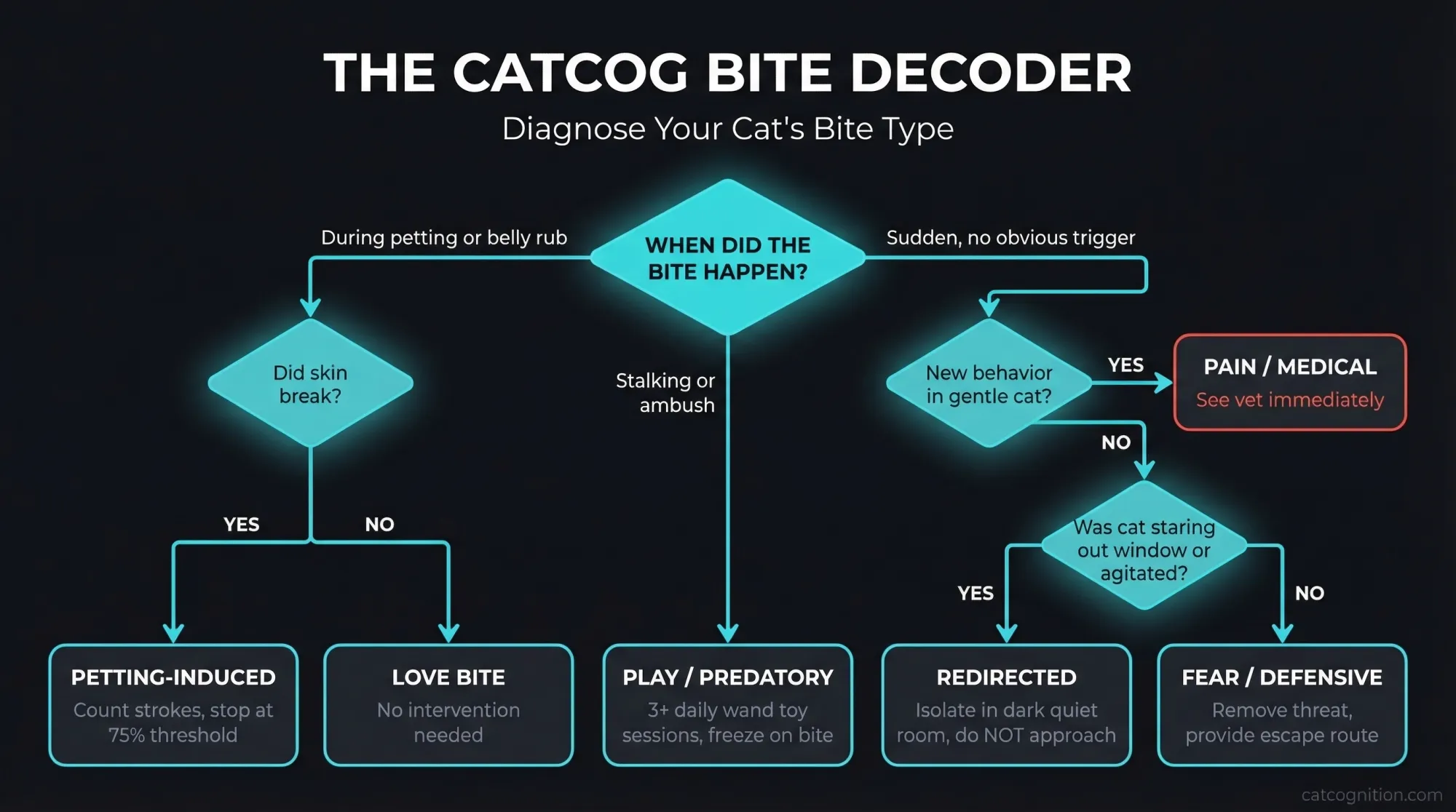The CatCog Bite Decoder diagnostic flowchart for identifying 6 types of cat biting