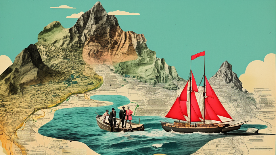 A digital collage of business people in a small boat, landing on a mysterious island.