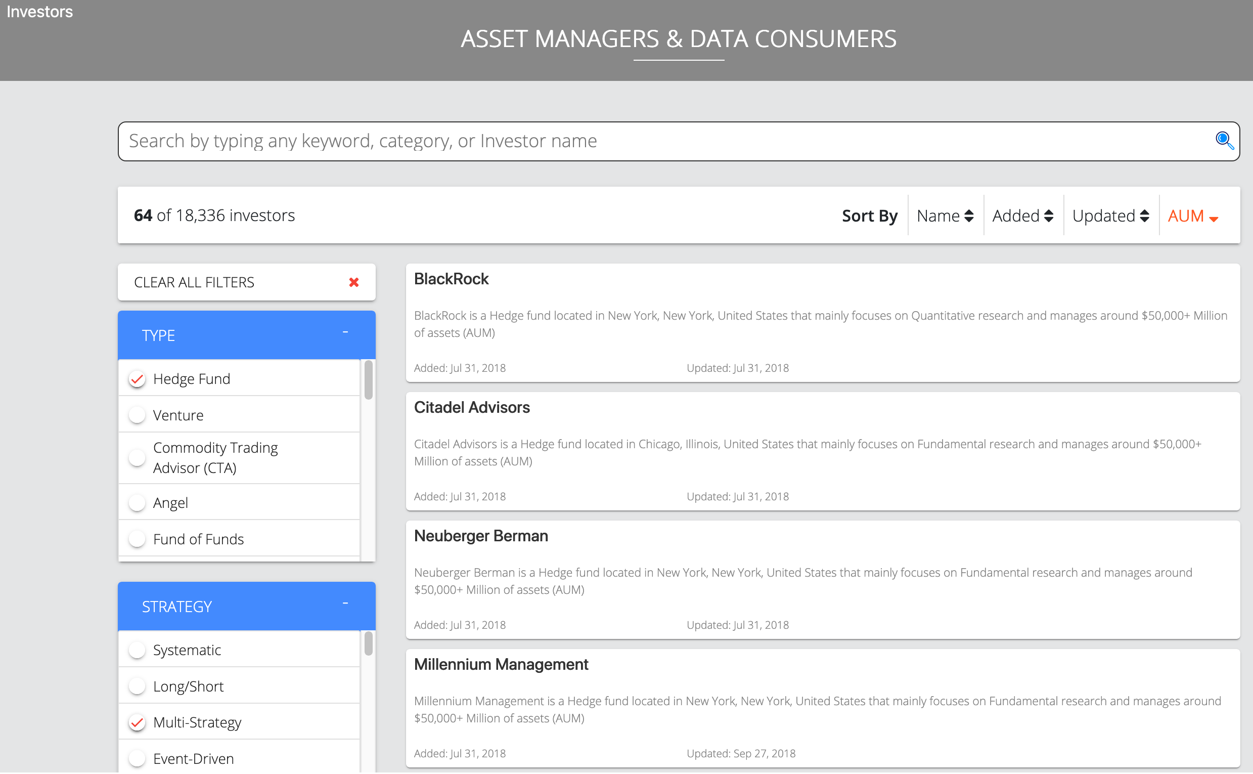 Amass Insights interactive Data Investor Directory with searchable investor profiles and filters.