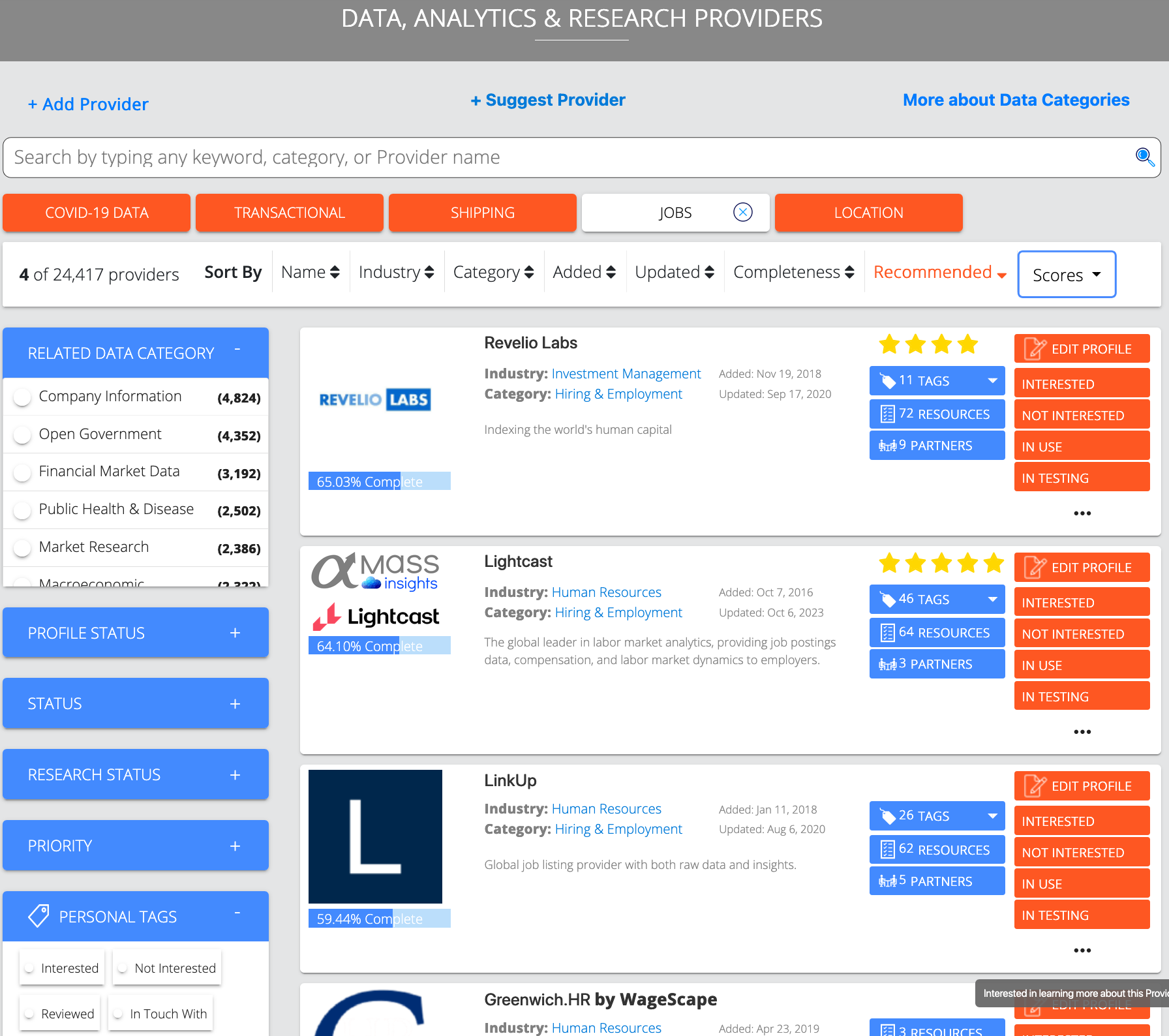 Amass Insights interactive Data Provider Directory with searchable provider profiles and filters.