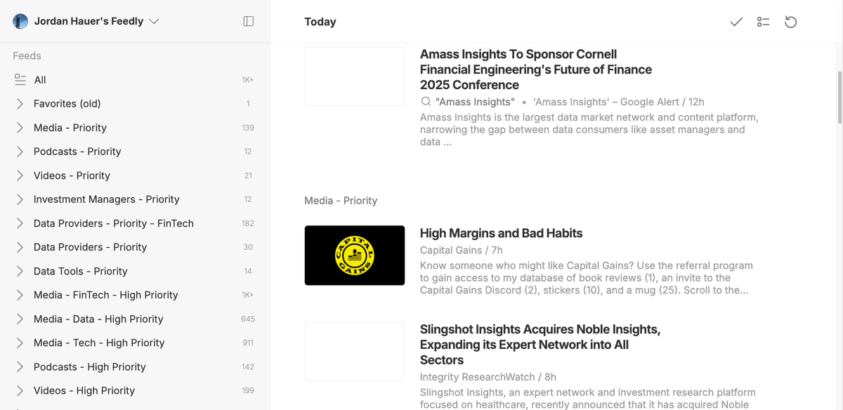 A screenshot of Jordan Hauer's Feedly RSS feed account and a few of the top articles