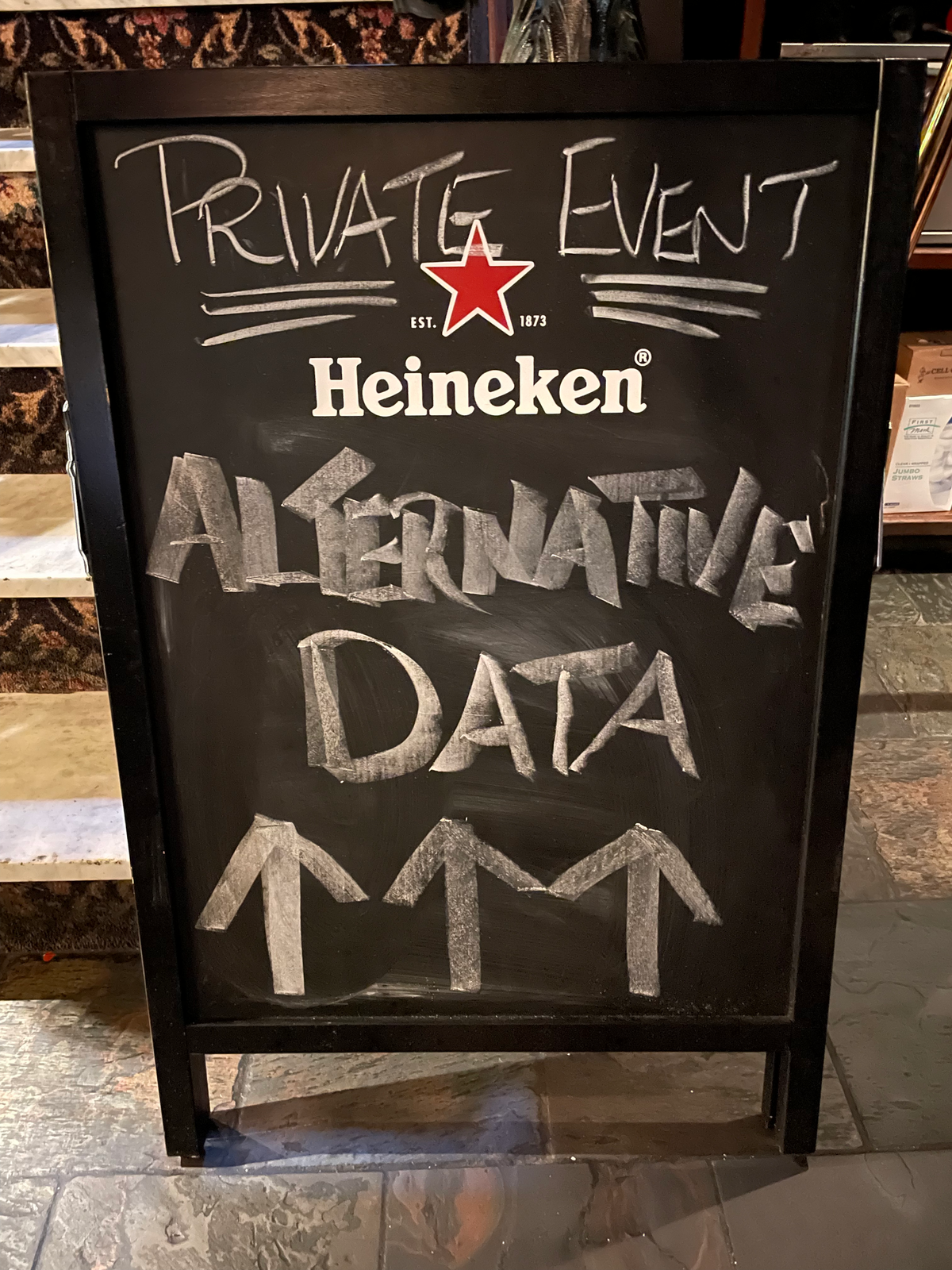 A sign pointing towards a happy hour, with the phrases "Private Event" and "Alternative Data"