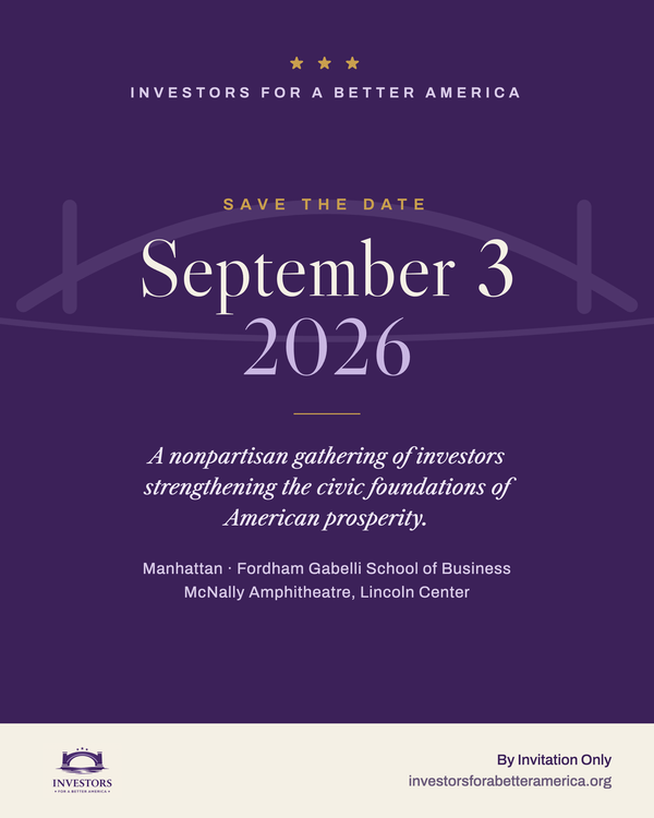 A poster to save the date for the Investors for a Better America conference on September 3 in NYC.