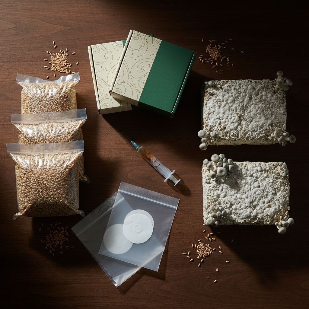 Mushroom growing supplies including spawn bags, agar plates, and substrate on a farm workbench
