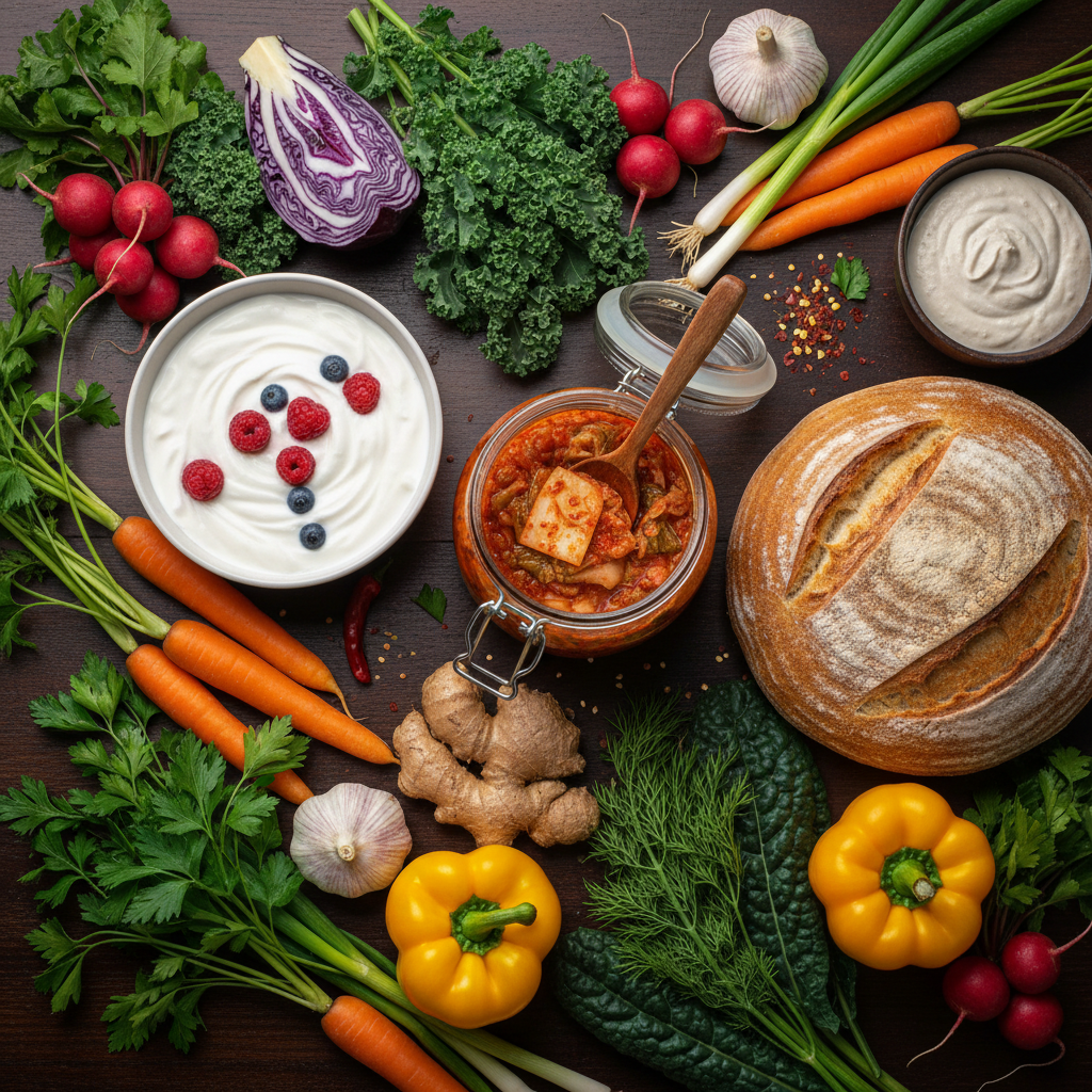 Bowl of fermented foods including kimchi sauerkraut and kefir for gut health