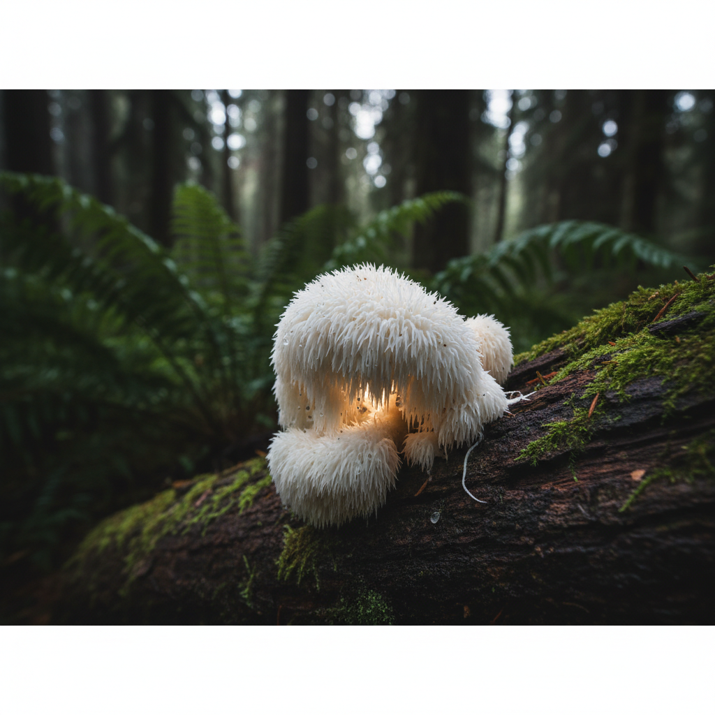 Fresh Lion's Mane mushroom with white cascading spines on a wooden surface