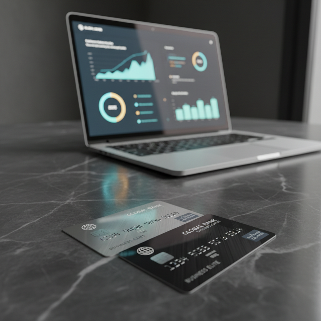 Laptop showing business banking dashboard comparison on a clean modern desk