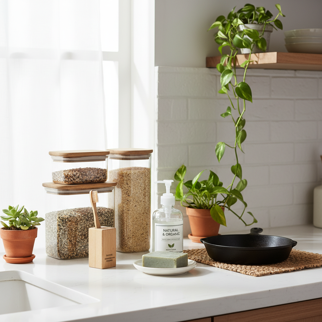 Natural cleaning products made from vinegar and baking soda on a clean kitchen counter