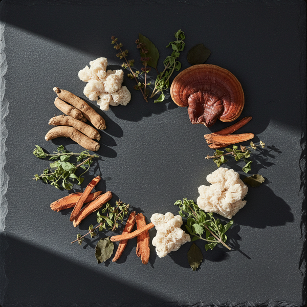 Ashwagandha rhodiola and reishi mushroom adaptogen herbs arranged on a wooden board