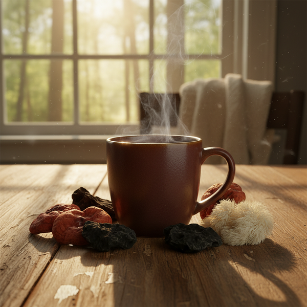 Cup of mushroom coffee with lions mane and chaga powder beside fresh mushrooms on a rustic table