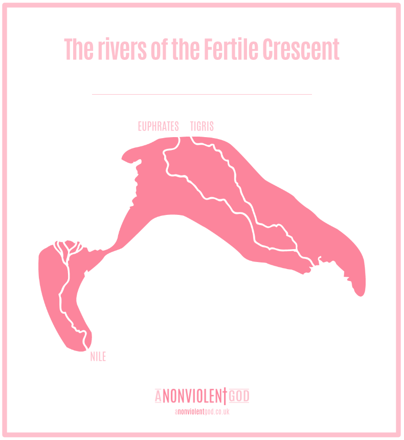 A map of the Fertile Crescent with the paths of the Nile, Eurphrates, and Tigris Rivers marked.