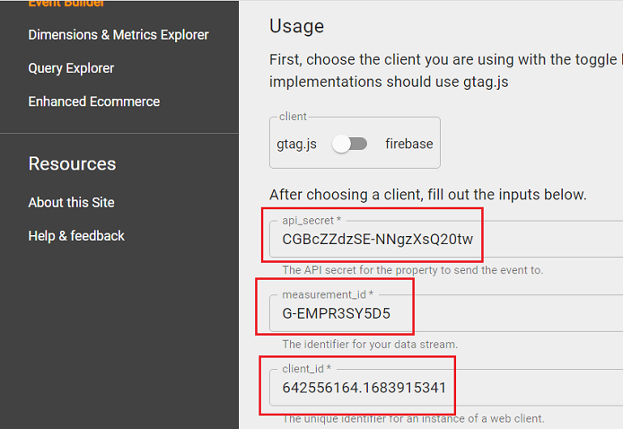 enter your API Secret Key measurement id and client id