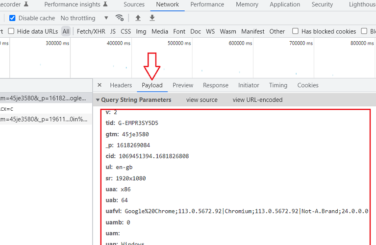 see the payload data sent to the GA server