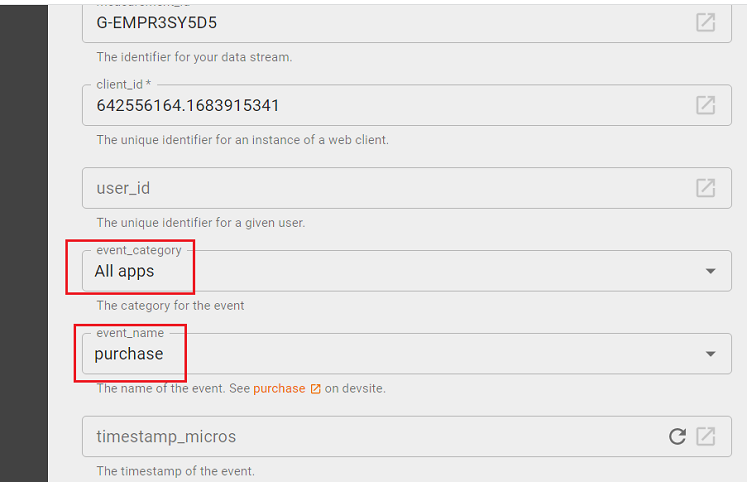 select the event category and event name