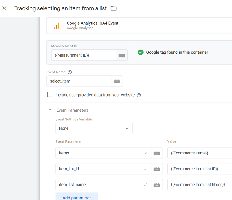 GA4 Ecommerce Tracking via GTM: Step-by-Step Setup Guide 6 Tracking selecting an item from a list tag configuration