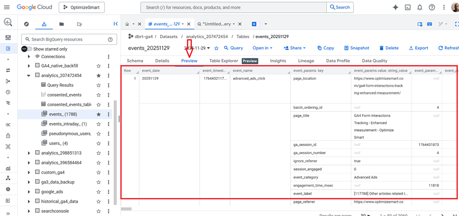 Click on the ‘Preview tab to view the actual data in the ‘events data table